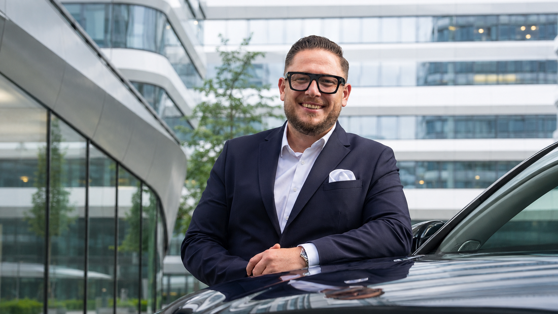 Jens Weichert, neuer Head of Sales von Chery Auto Deutschland, vor einem Fahrzeug