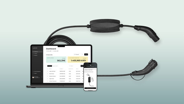 Laptop, Smartphone und Ladekabel mit digitaler Oberfläche zur Verwaltung von Heimladevorgängen.