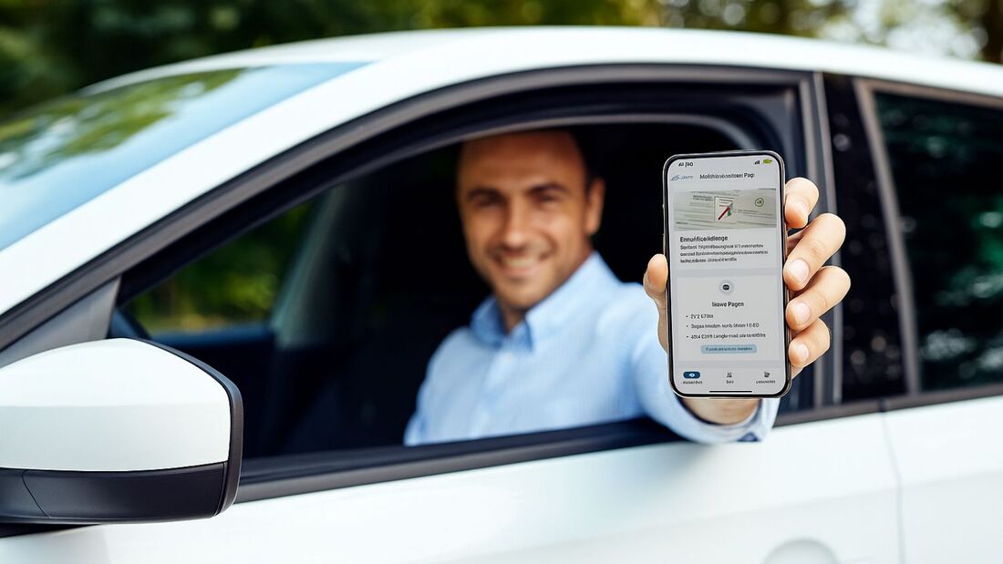 Mann im Auto hält ein Smartphone mit digitalem Fahrzeugschein und Führerschein-App aus dem Fenster in die Kamera.