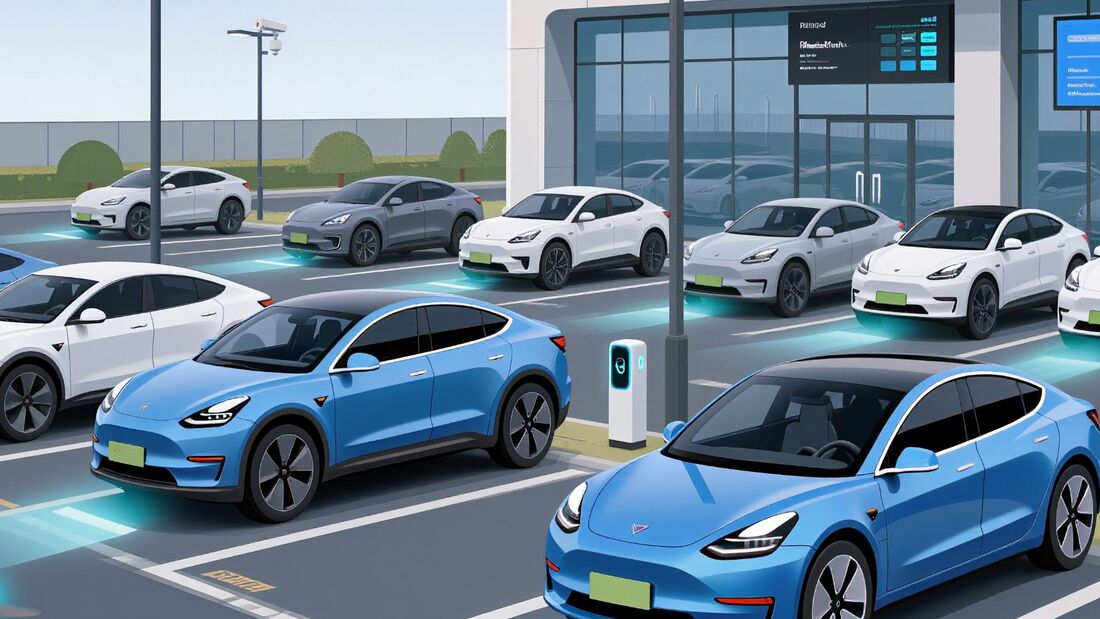 Mehrere elektrisch angetriebene Pkw stehen auf einem Firmenparkplatz mit integrierter Ladeinfrastruktur vor einem Bürogebäude.