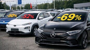 Mehrere gebrauchte Elektroautos stehen auf einem Parkplatz, auf den Frontscheiben sind prozentuale Wertverluste eingeblendet.