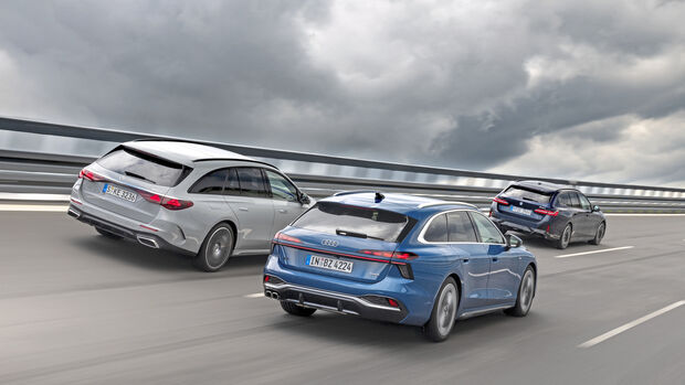 Mercedes E450 d, Audi A6 Avant TDI und BMW 540d xDrive während der Fahrt aus der Heckperspektive.