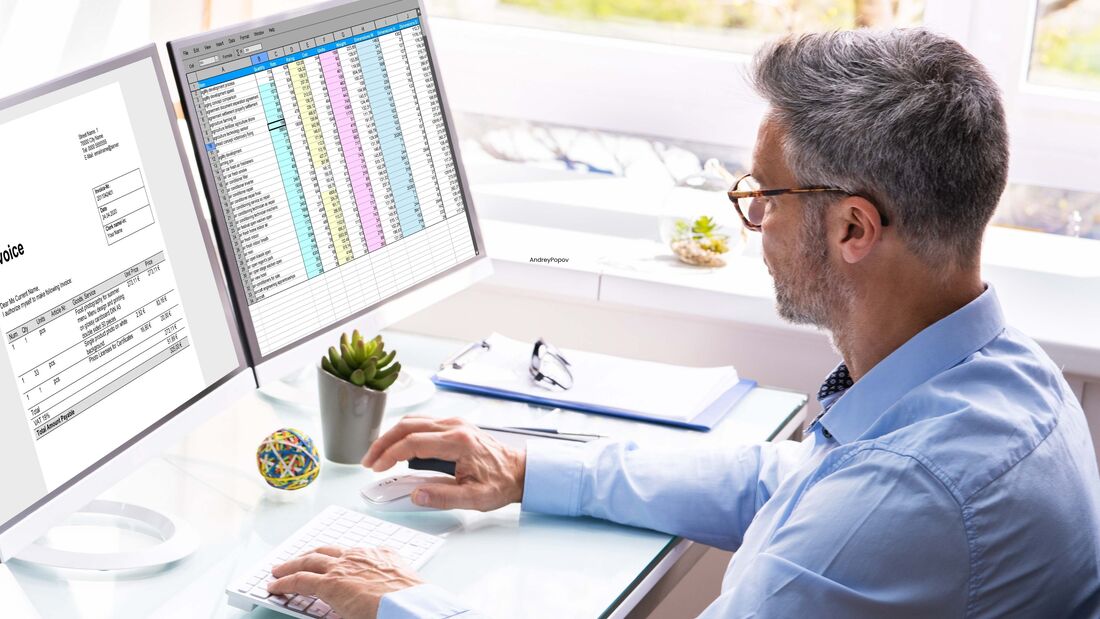 Mitarbeiter prüft digitale Rechnungen und Tabellen am Computer im Büro.