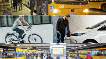 ÖPNV, Bus, Straßenbahn, Fahrrad, Elektroauto, Collage