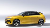 Opel Astra in Gelb mit schwarzem Dach, Seitenansicht im Studio