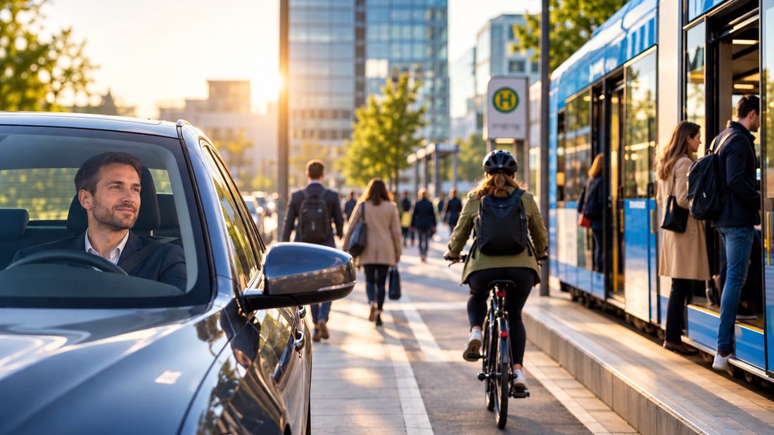 Pendler im Stadtverkehr: Autofahrer, Radfahrerin auf dem Radweg und Fahrgäste beim Einsteigen in eine Straßenbahn an einer Haltestelle