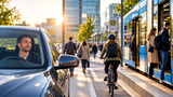Pendler im Stadtverkehr: Autofahrer, Radfahrerin auf dem Radweg und Fahrgäste beim Einsteigen in eine Straßenbahn an einer Haltestelle