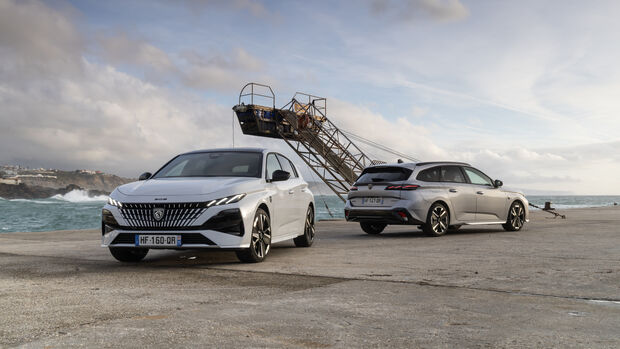 Peugeot 308 und Peugeot 308 SW Business stehen am Hafen, Limousine frontal, Kombi schräg von hinten, beide mit Business-Ausstattung.