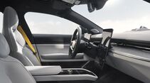 Polestar 5 Cockpit: Fahrerplatz mit großem, hochformatigem Zentraldisplay, Lenkrad und klar gestalteter Instrumententafel.