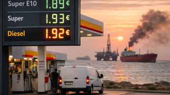 Preisanzeige einer Tankstelle mit Diesel- und E10-Preis sowie Transporter an Zapfsäule, im Hintergrund Ölplattform und Tanker auf See.