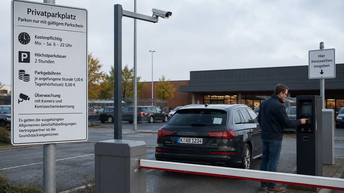 Privatparkplatz mit Kameraüberwachung, Schranke und Terminal zur Kennzeicheneingabe