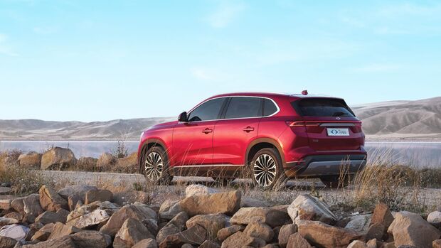 Roter Togg T10X Elektro-SUV steht geparkt in felsiger Landschaft vor See und Hügeln.