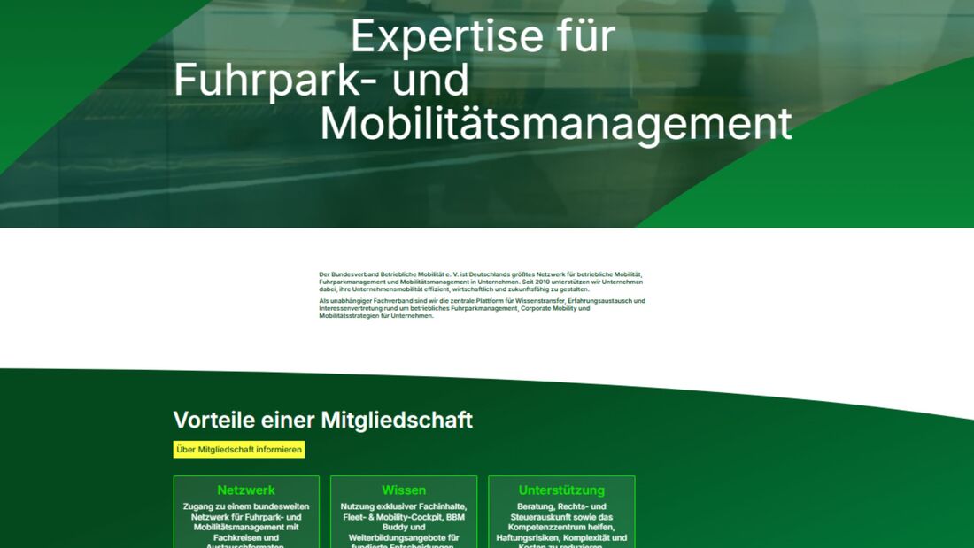 Screenshot der neuen BBM-Website mit Informationen zu Fuhrpark und betrieblicher Mobilität.