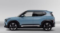 Seitenansicht des Kia EV2 im Studio mit zweifarbiger Optik, schwarzen Radläufen und markanter Schulterlinie.