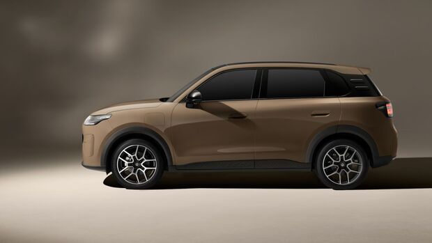 Seitenansicht des Leapmotor B03X in Braun mit schwarzem Dach, getoenten Scheiben und Leichtmetallfelgen vor neutralem Hintergrund.