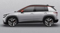 Seitenansicht des Skoda Epiq Elektro-SUV mit grauer Lackierung und orangefarbenen Designelementen.