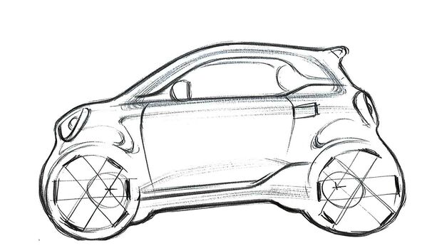 Seitenansicht einer Fahrzeugskizze eines kompakten Smart Konzeptautos mit kurzen Überhängen