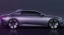 Seitenansicht einer Skoda Icon Studie als viertuerige Konzeptlimousine in violettem Studio-Rendering mit grossen Felgen und durchgehend dunkler Verglasung.