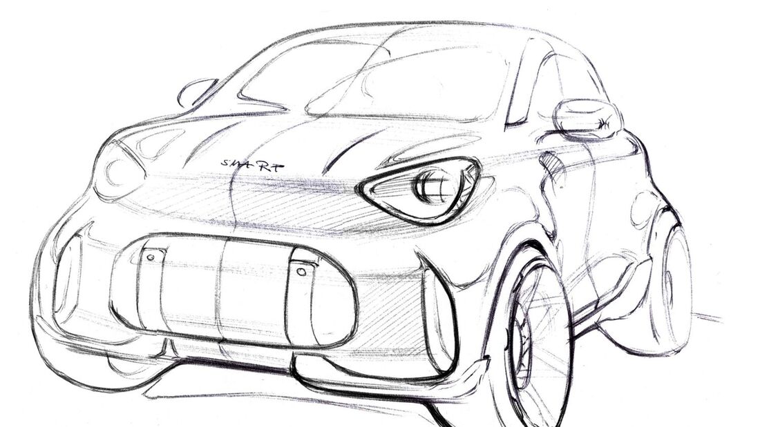 Skizze eines kompakten Smart Konzeptfahrzeugs mit markanter Frontpartie und großen Lufteinlässen