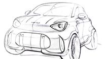 Skizze eines kompakten Smart Konzeptfahrzeugs mit markanter Frontpartie und großen Lufteinlässen