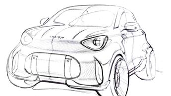 Skizze eines kompakten Smart Konzeptfahrzeugs mit markanter Frontpartie und großen Lufteinlässen