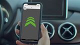 Smartphone mit geoeffneter blitzer app in der hand eines fahrers im auto waehrend der navigation