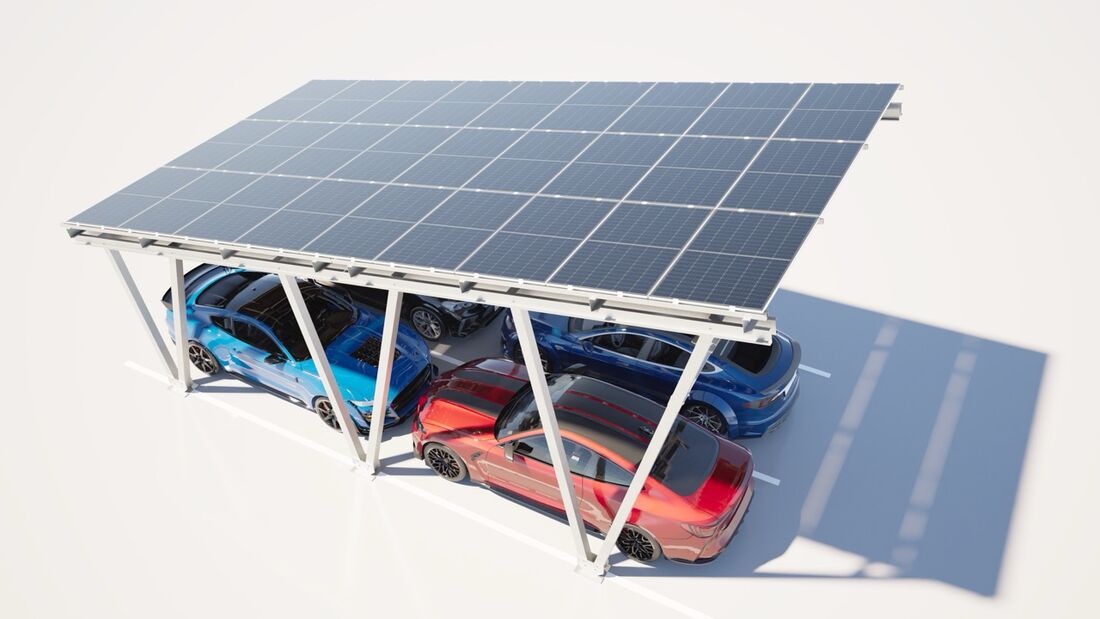 Solarcarport mit Photovoltaikmodulen über mehreren geparkten Autos als Beispiel für lokale Stromerzeugung.