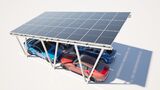 Solarcarport mit Photovoltaikmodulen über mehreren geparkten Autos als Beispiel für lokale Stromerzeugung.