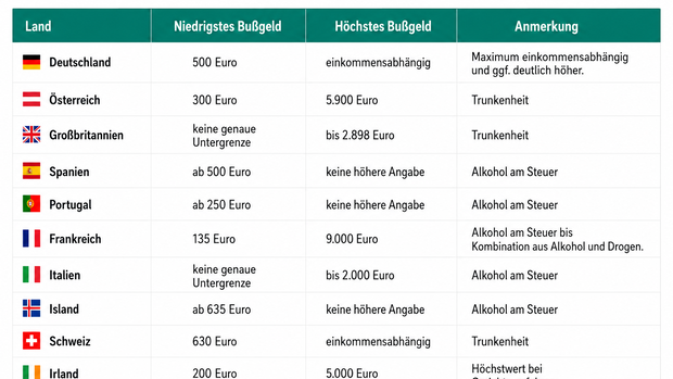 Tabelle zeigt Bußgelder für Alkohol und Drogen am Steuer in ausgewählten europäischen Ländern.