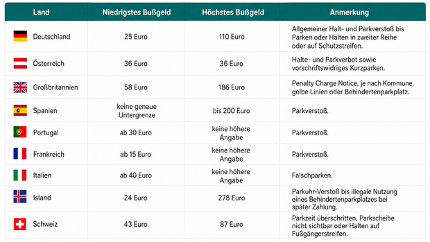 Tabelle zeigt Bußgelder für Falschparken in ausgewählten europäischen Ländern.