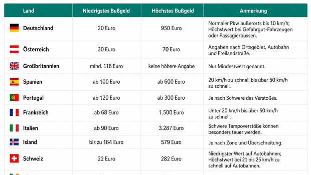 Tabelle zeigt Bußgelder für Tempoverstöße in ausgewählten europäischen Ländern.