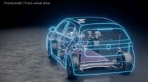 Technische Darstellung des VW ID. Polo mit Blick auf Antrieb, Batterie und Fahrwerkskomponenten.