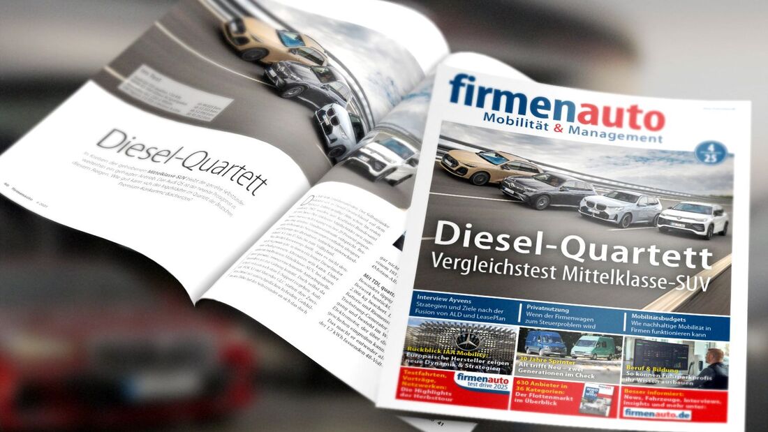 Titel- und Innenseite der firmenauto-Ausgabe 4/2025 mit dem Vergleichstest von Diesel-Mittelklasse-SUV und weiteren Themen der Ausgabe.