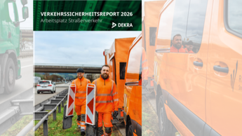 Titelmotiv des Dekra-Verkehrssicherheitsreports 2026 mit Straßenarbeitern an einer Autobahn neben einem orangefarbenen Einsatzfahrzeug.