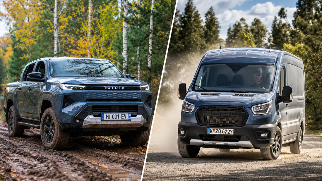 Toyota Hilux im Gelände und Ford-Transporter auf Schotterpiste, TÜV-Report Nutzfahrzeuge 2026