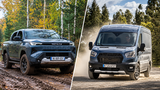 Toyota Hilux im Gelände und Ford-Transporter auf Schotterpiste, TÜV-Report Nutzfahrzeuge 2026