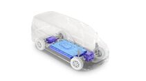 Transparente Fahrzeuggrafik des Ford E-Transit Custom mit hervorgehobener Batterie und beiden E-Antrieben für den AWD-Betrieb.