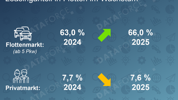 Vergleich der Leasinganteile 2024 und 2025 mit 63 auf 66 Prozent im Flottenmarkt und 7,7 auf 7,6 Prozent im Privatmarkt.