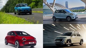 Vier Elektro-Kleinwagen in Europa: Nissan Micra Electric, Leapmotor T03, Renault Twingo E-Tech Electric und Hyundai Inster als neue günstige E-Autos.