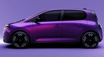Violetter Nissan Pixo in vollständiger Seitenansicht mit fünf Türen, schwarzen Scheiben und schwarzen Leichtmetallrädern.