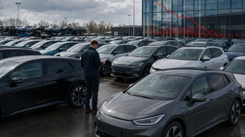 Zahlreiche junge Elektroautos auf einem Gebrauchtwagenplatz symbolisieren steigende Leasingrückläufer und sinkende Restwerte.