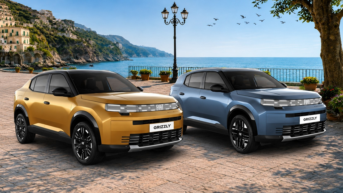 Zwei Fiat-Grizzly-Entwürfe als SUV und Fastback-SUV mit Panda-Designmerkmalen vor Küstenkulisse.
