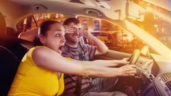 fahrer, firmenwagen, mann, frau, augen, zuhalten, auto, innenraum, 